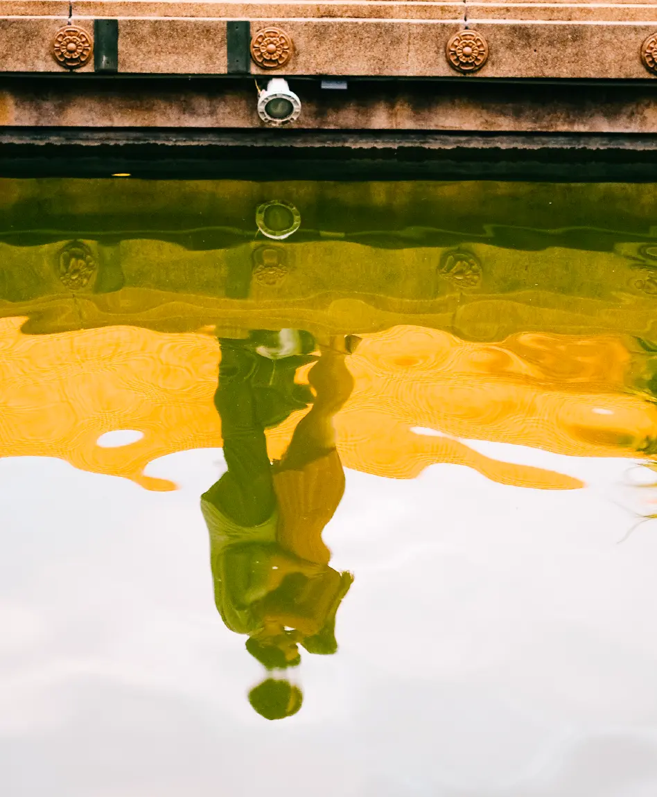 Golden temple reflected upside down in still green water