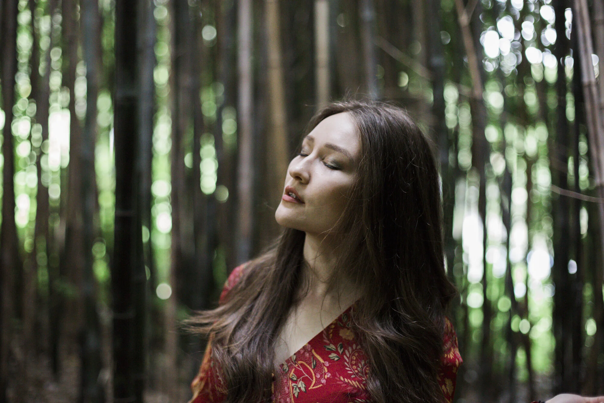 Portrait of a woman with eyes closed in a bamboo grove
