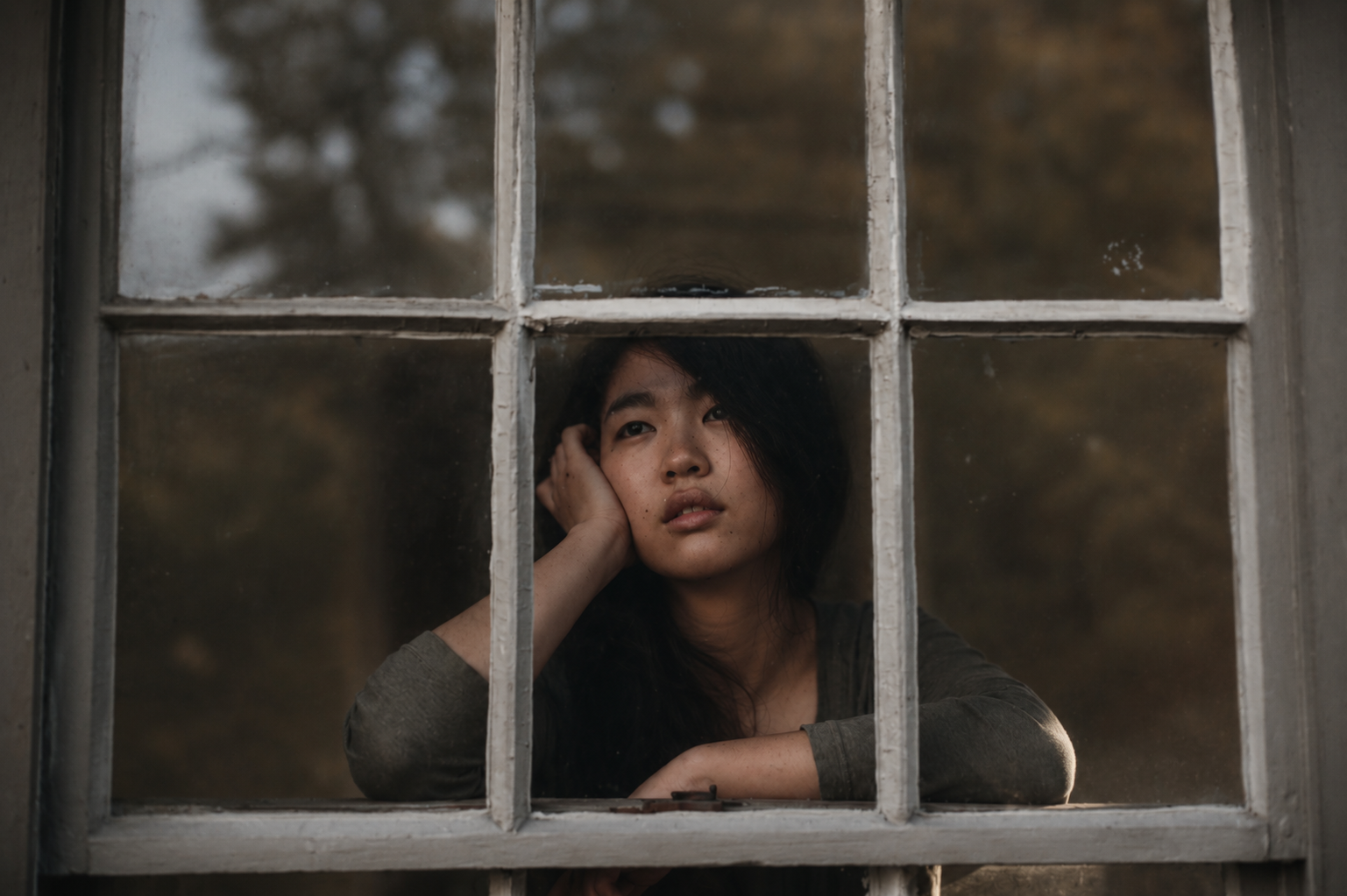 Portrait of a woman resting on a weathered window frame