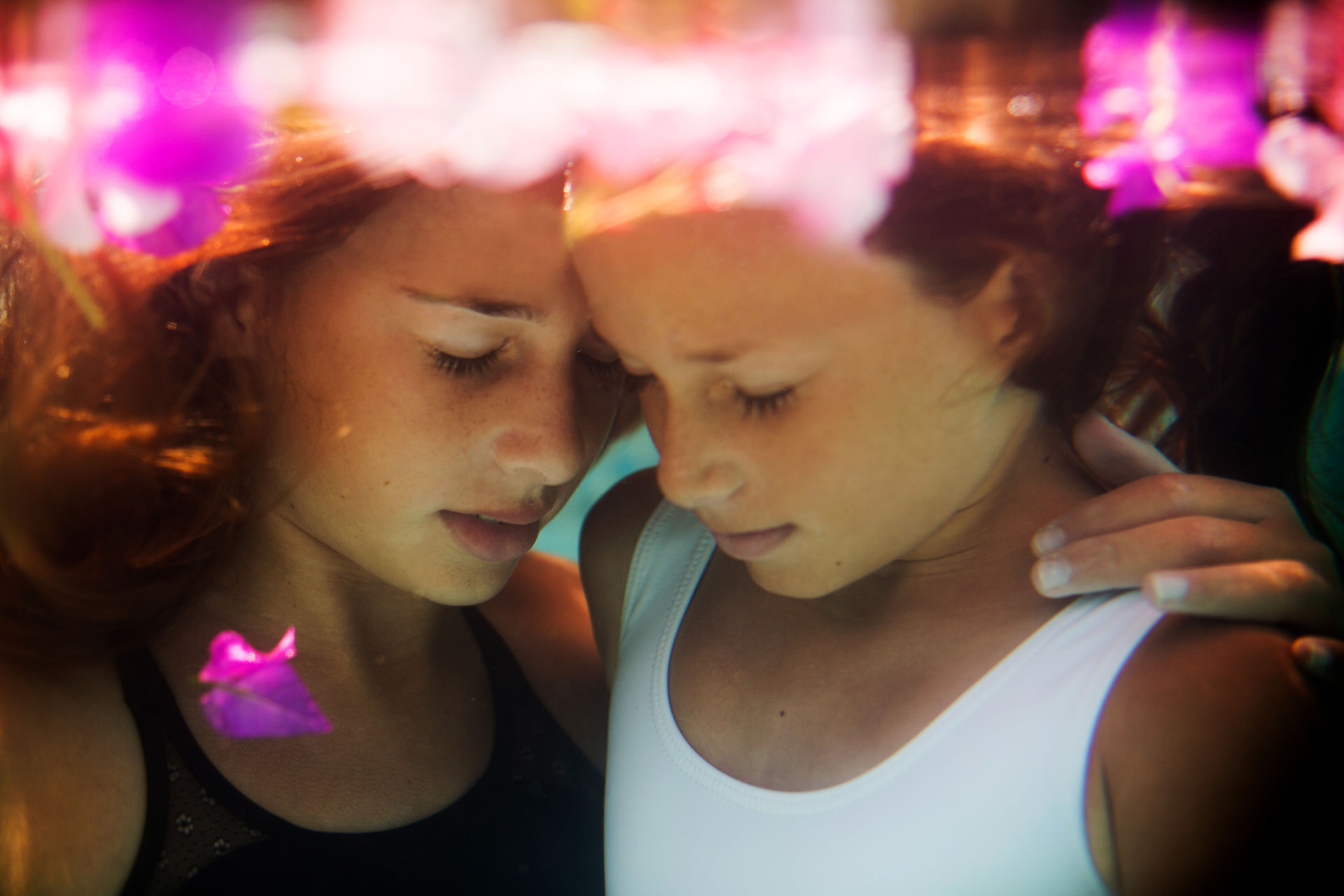 Two figures resting head to head underwater among pink petals